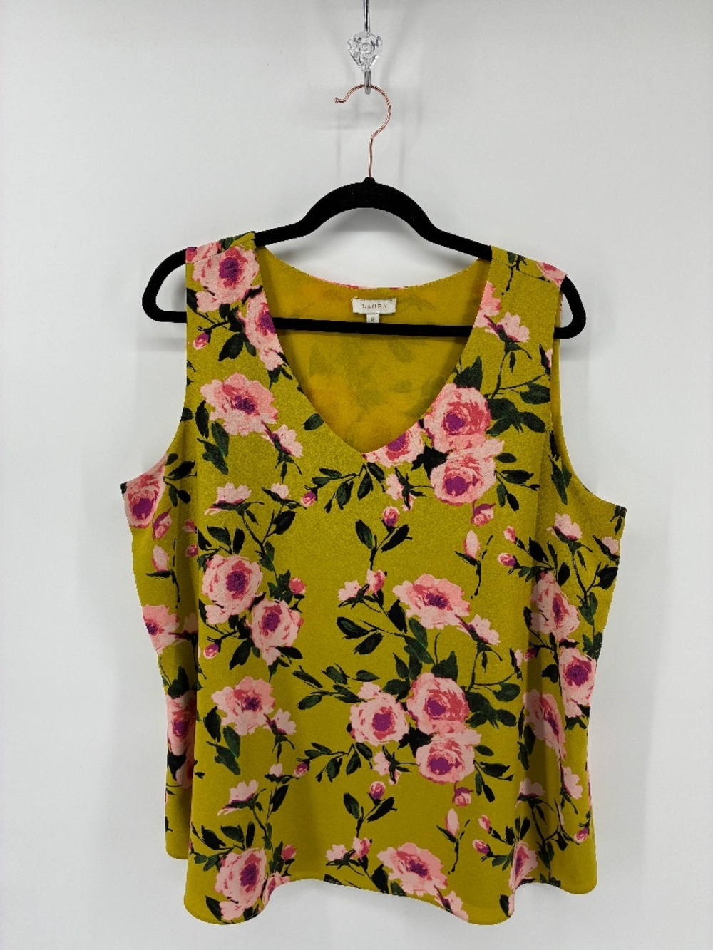 Laura Olive Green Sleeveless Tank Top with Floral Design